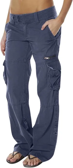 Adjustable Straight Fit Cargo High Waist Baggy Hiking Pant with Multi Pockets Women Wide Leg Parachute Trousers