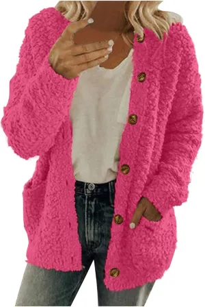 Akklian Fuzzy Jacket Women Open Front Fleece Sherpa Jackets Long Sleeve Button Chunky Knit Coats with Pockets Winter Cardigan