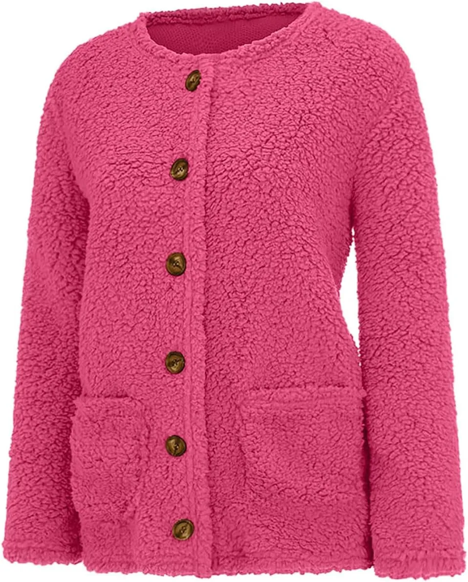 Akklian Fuzzy Jacket Women Open Front Fleece Sherpa Jackets Long Sleeve Button Chunky Knit Coats with Pockets Winter Cardigan