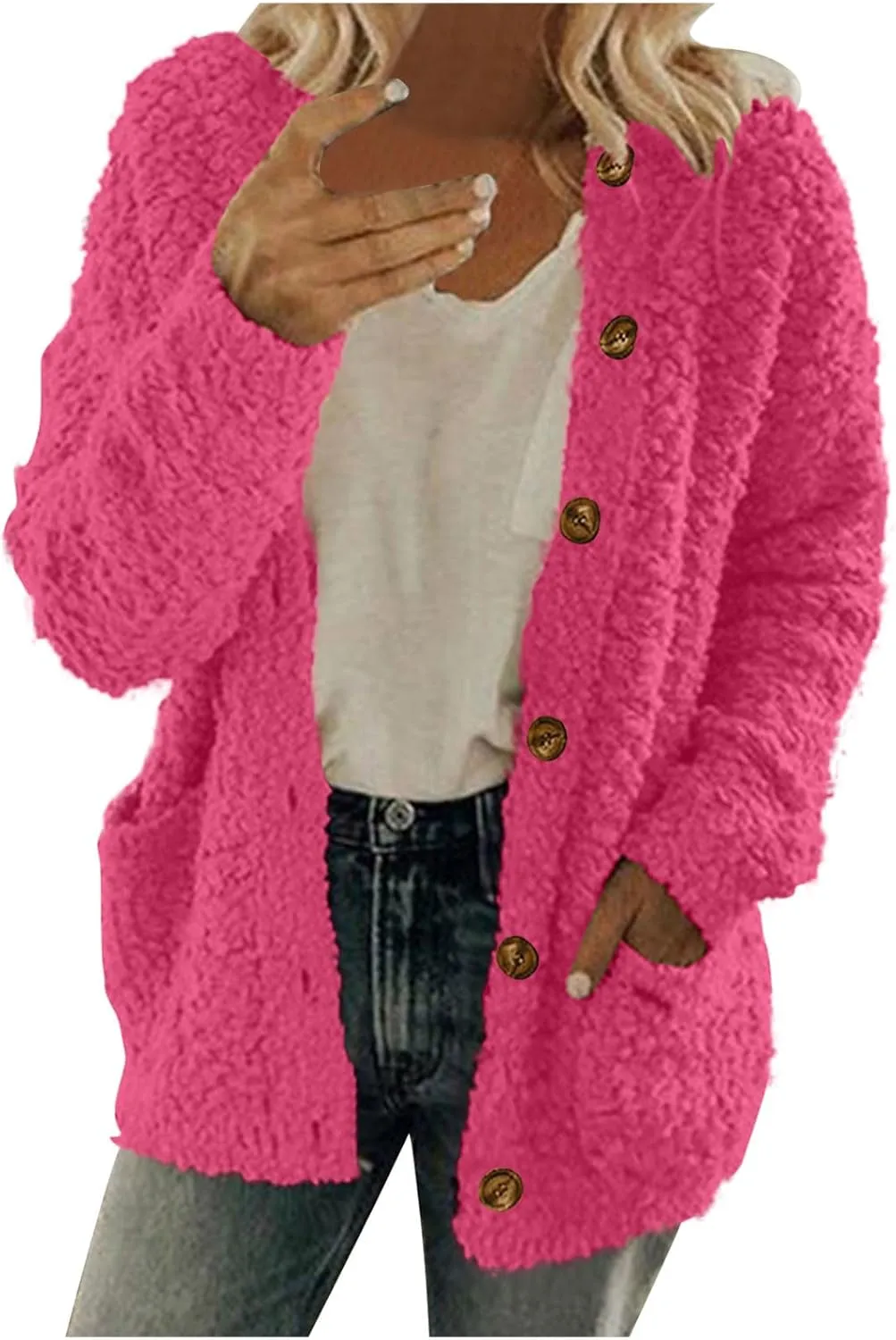 Akklian Fuzzy Jacket Women Open Front Fleece Sherpa Jackets Long Sleeve Button Chunky Knit Coats with Pockets Winter Cardigan
