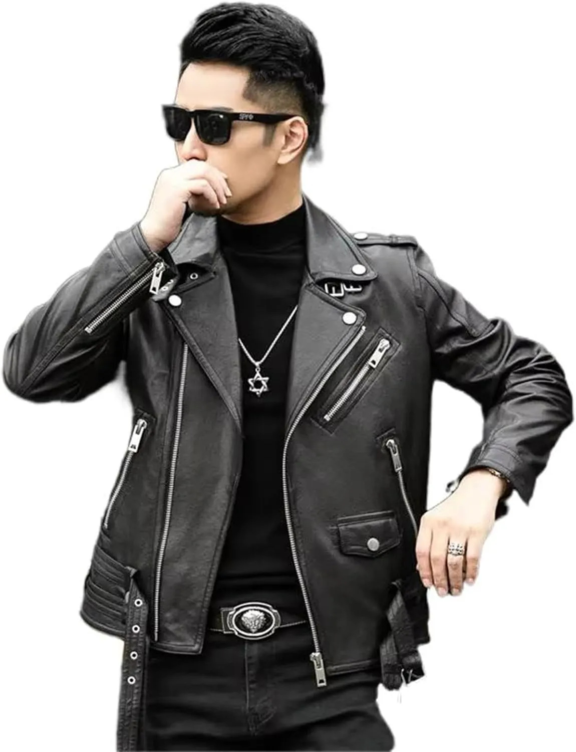 Autumn and Winter Men's Slim-fit Leather Jacket, Windproof Motorcycle Zippered Leather Jacket