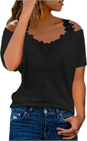 Binmer Women's Summer Short Sleeve Tops Sexy Cold Shoulder Shirts Casual Comfy Lace Splicing V Neck Tees Loose Solid Blouse