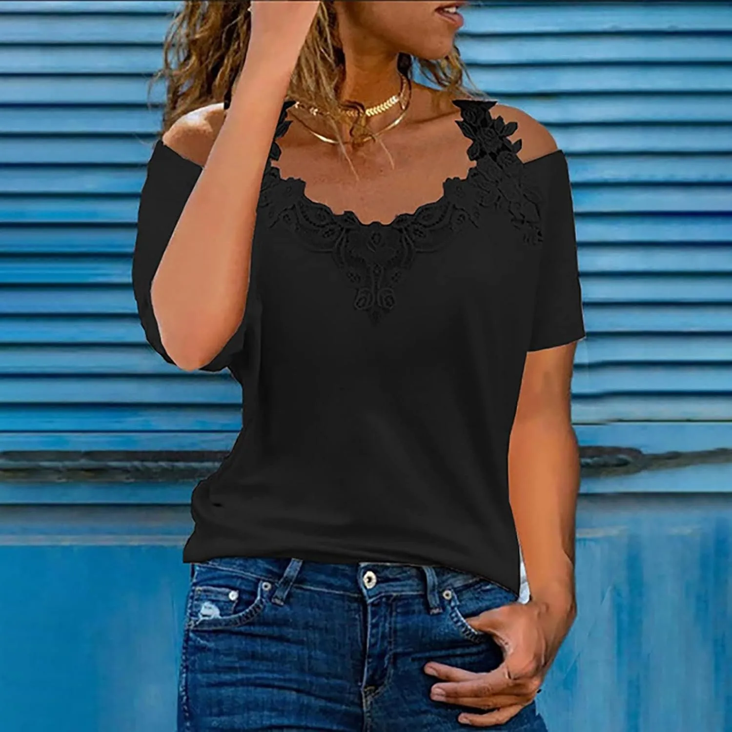 Binmer Women's Summer Short Sleeve Tops Sexy Cold Shoulder Shirts Casual Comfy Lace Splicing V Neck Tees Loose Solid Blouse