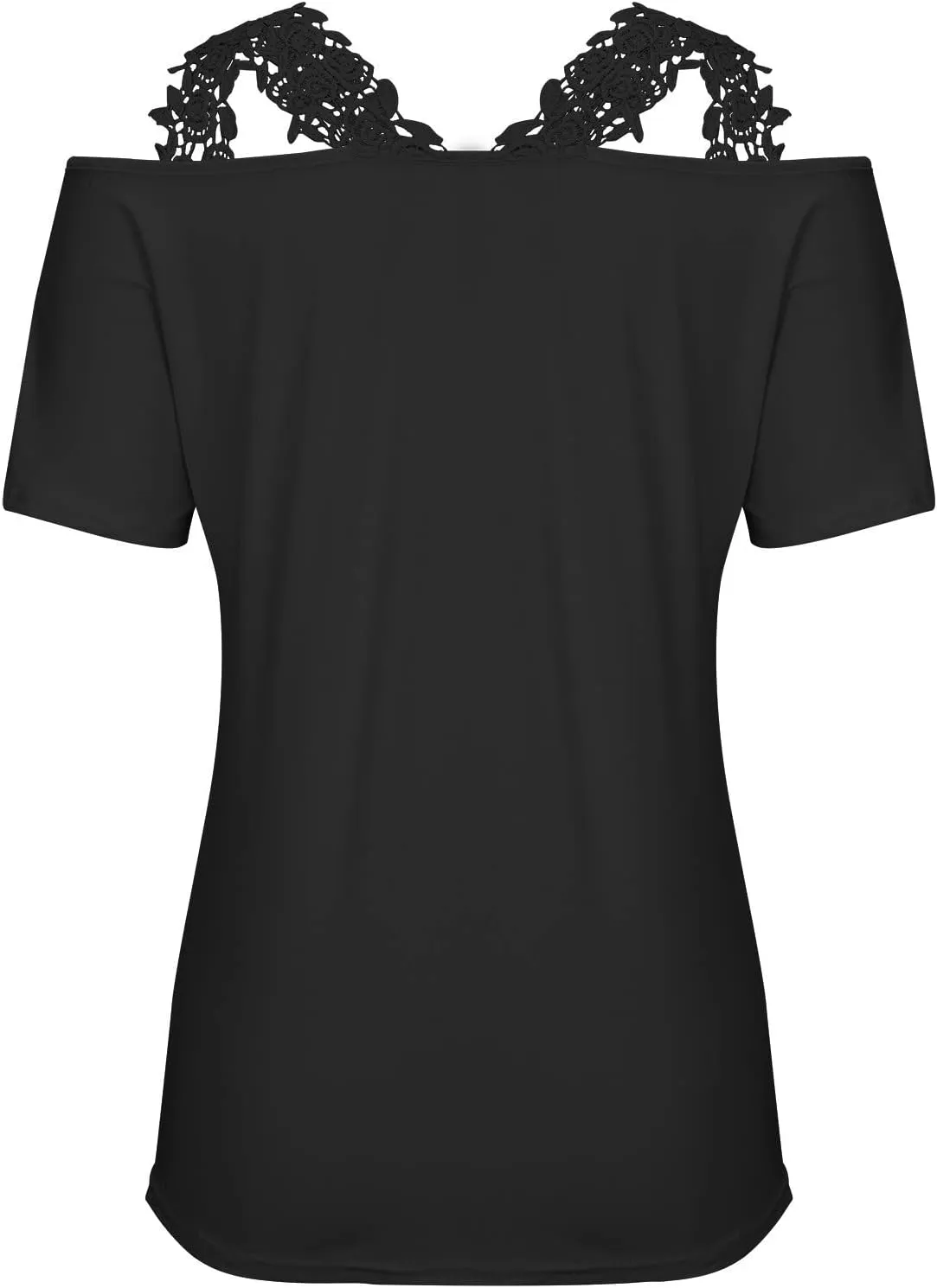 Binmer Women's Summer Short Sleeve Tops Sexy Cold Shoulder Shirts Casual Comfy Lace Splicing V Neck Tees Loose Solid Blouse