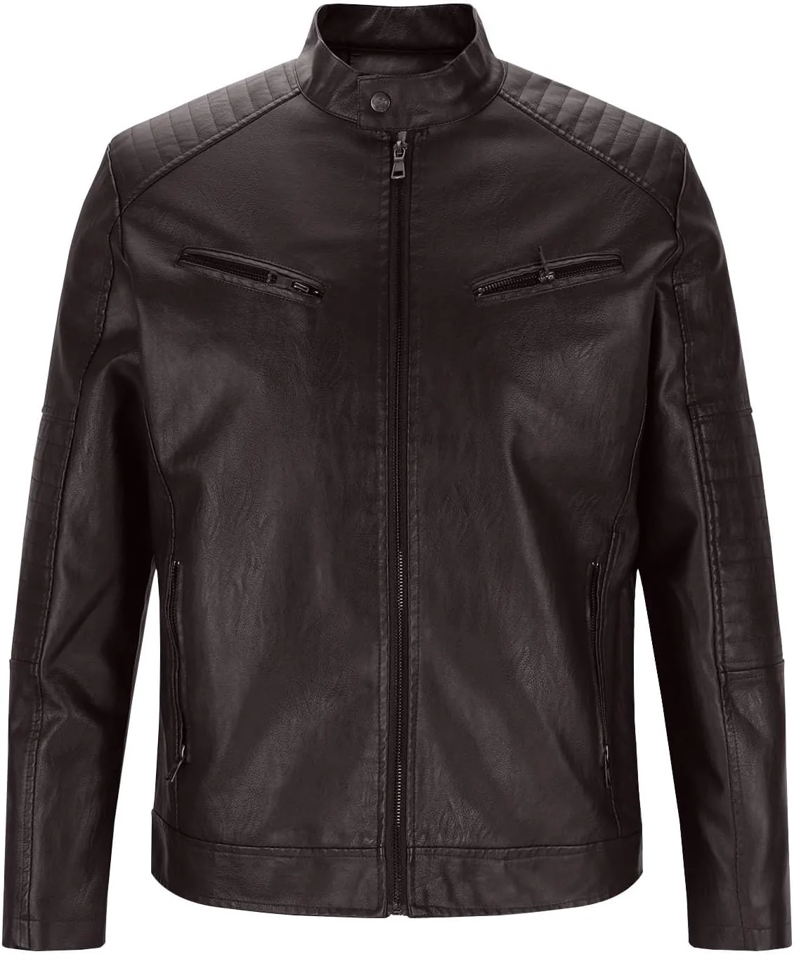 Black Leather Jacket Men Long Sleeve Full Zip PU Leather Jacket Motorcycle Faux Leather Racer Biker Jacket