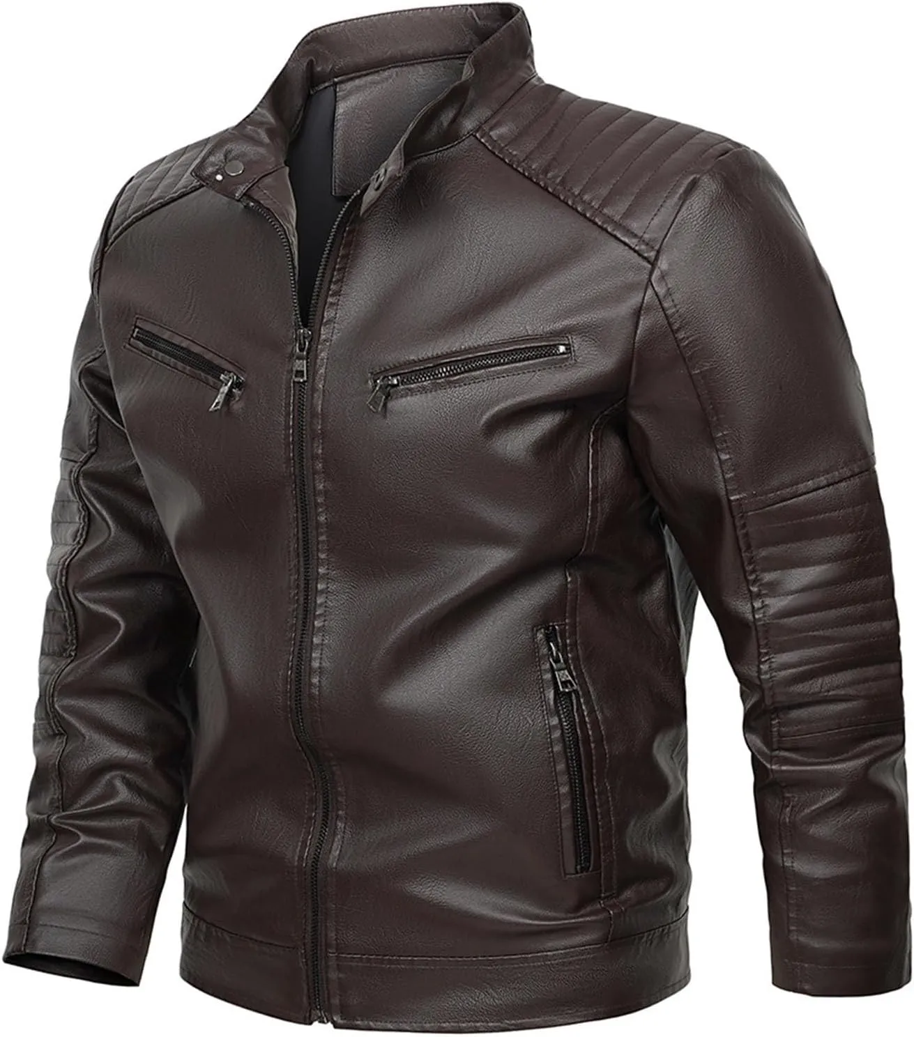Black Leather Jacket Men Long Sleeve Full Zip PU Leather Jacket Motorcycle Faux Leather Racer Biker Jacket