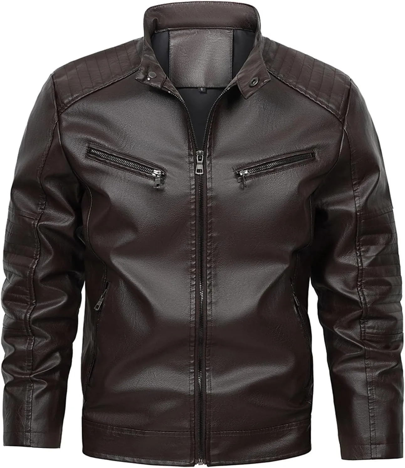 Black Leather Jacket Men Long Sleeve Full Zip PU Leather Jacket Motorcycle Faux Leather Racer Biker Jacket