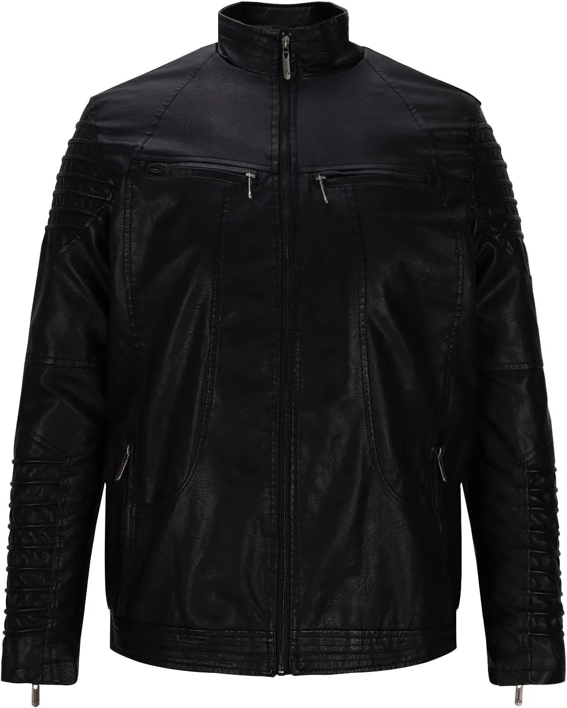 Black Leather Jacket Men Long Sleeve Full Zip PU Leather Jacket Motorcycle Faux Leather Racer Biker Jacket