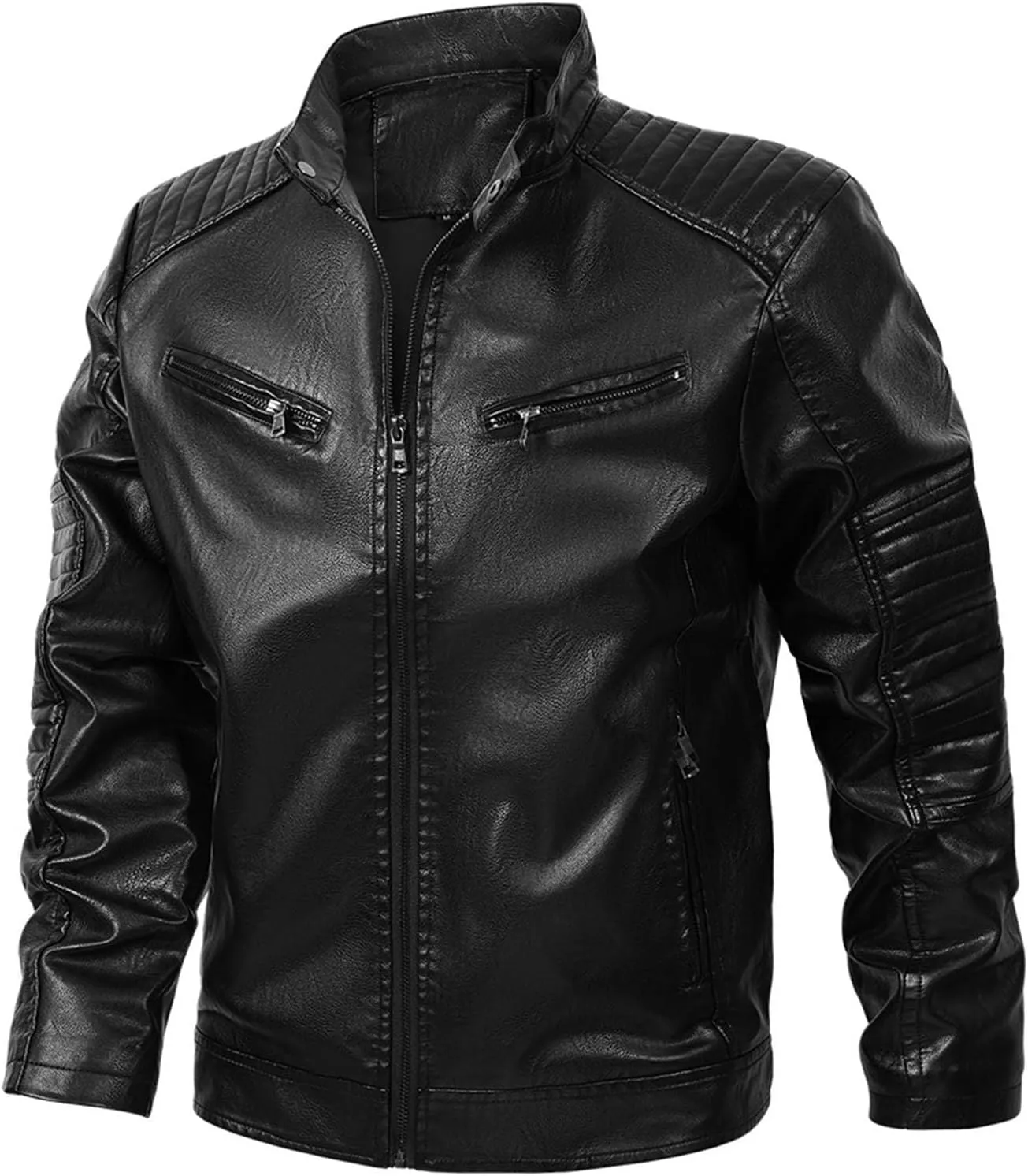 Black Leather Jacket Men Long Sleeve Full Zip PU Leather Jacket Motorcycle Faux Leather Racer Biker Jacket