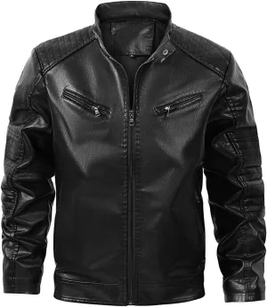Black Leather Jacket Men Long Sleeve Full Zip PU Leather Jacket Motorcycle Faux Leather Racer Biker Jacket