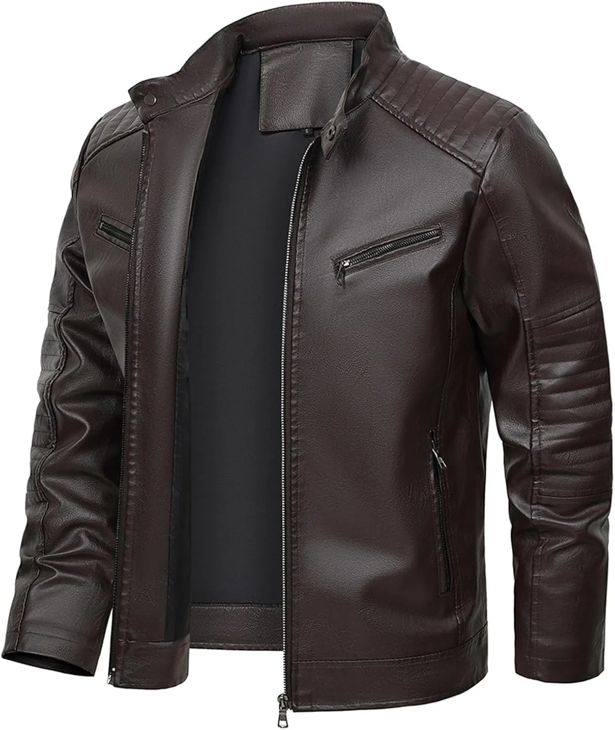 Black Leather Jacket Men Long Sleeve Full Zip PU Leather Jacket Motorcycle Faux Leather Racer Biker Jacket