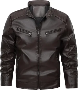 Black Leather Jacket Men Long Sleeve Full Zip PU Leather Jacket Motorcycle Faux Leather Racer Biker Jacket