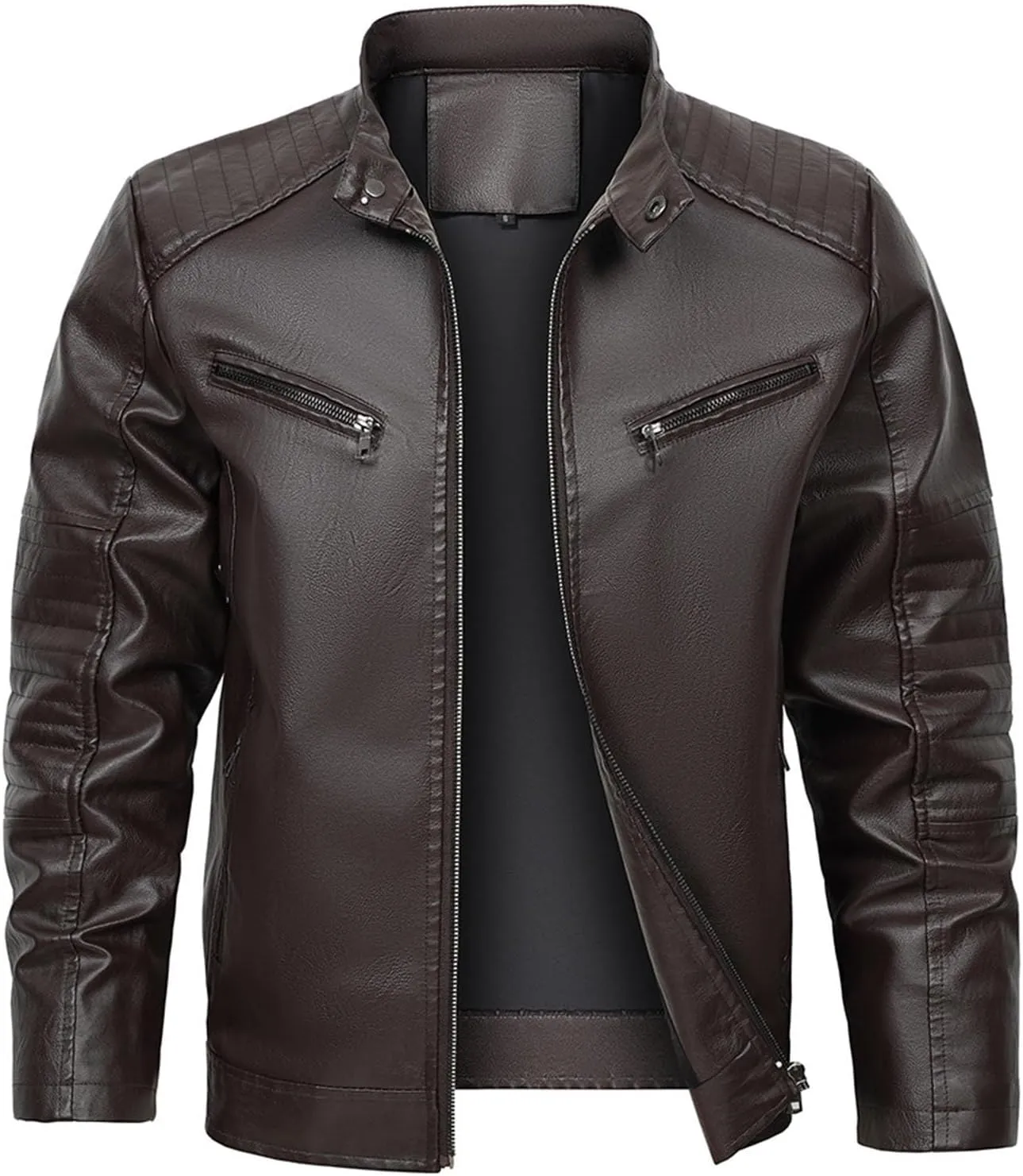 Black Leather Jacket Men Long Sleeve Full Zip PU Leather Jacket Motorcycle Faux Leather Racer Biker Jacket