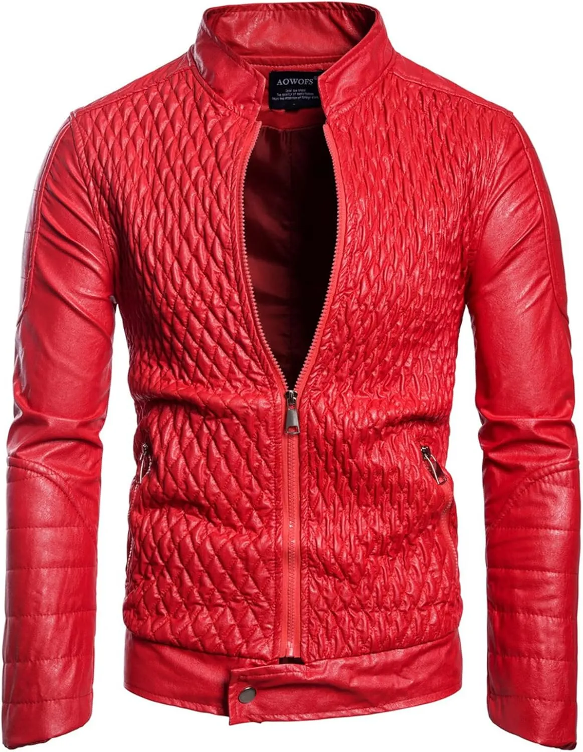 Black Leather Jacket Men Trendy Stand Collar Slim Fit Faux Leather Jacket Zip-Up Motorcycle Biker Bomber Coat