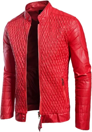Black Leather Jacket Men Trendy Stand Collar Slim Fit Faux Leather Jacket Zip-Up Motorcycle Biker Bomber Coat