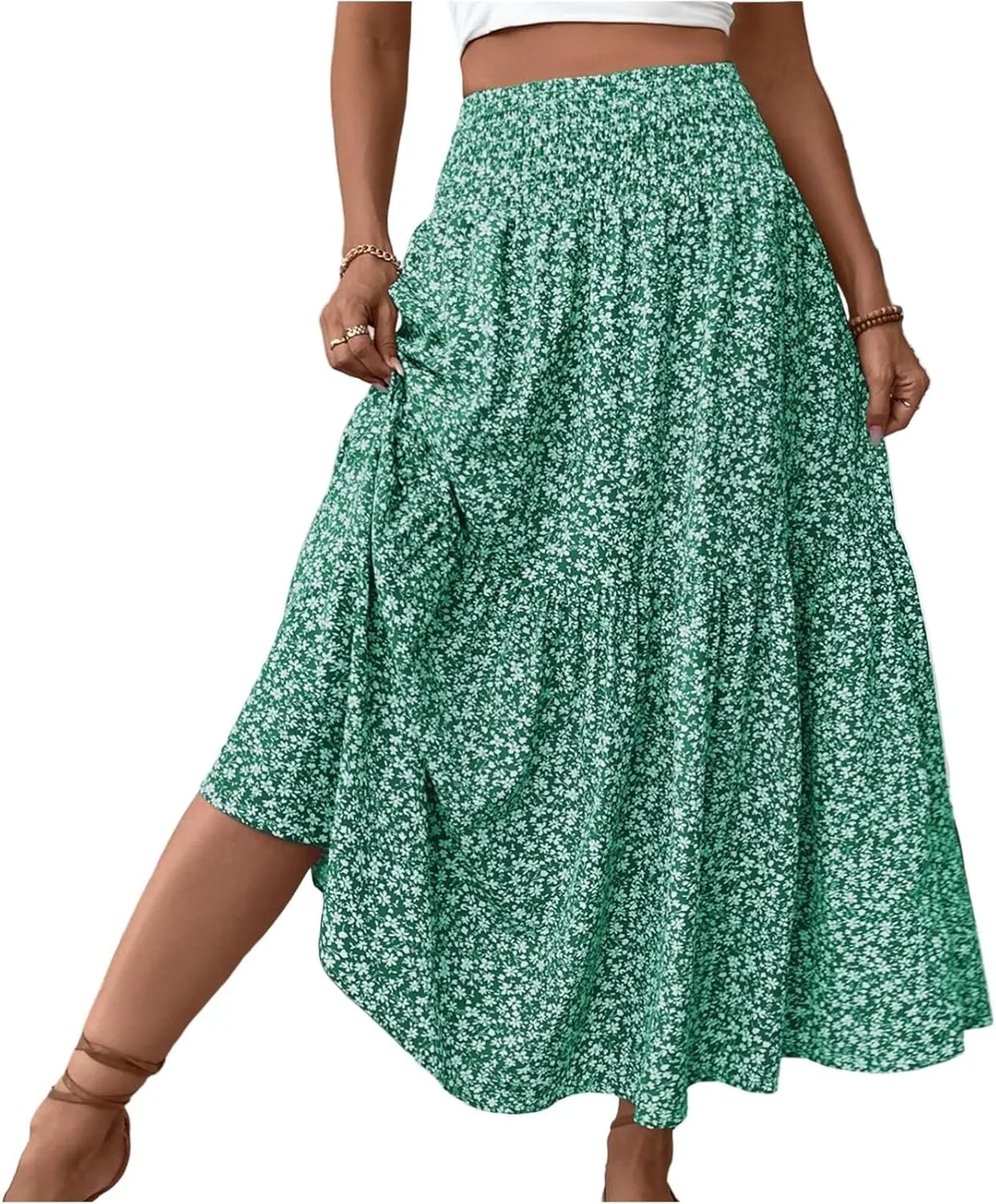 Boho Floral Maxi Skirt for Women 2025 Summer Elastic High Waist A Line Long Skirts Flowy Tiered Skirt with Pockets