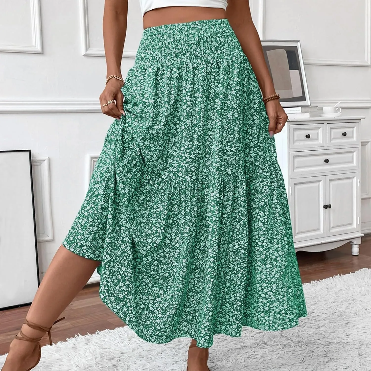 Boho Floral Maxi Skirt for Women 2025 Summer Elastic High Waist A Line Long Skirts Flowy Tiered Skirt with Pockets