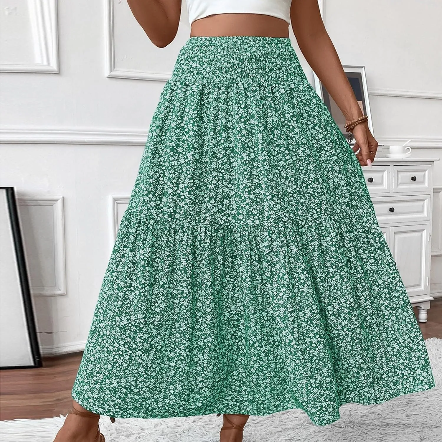 Boho Floral Maxi Skirt for Women 2025 Summer Elastic High Waist A Line Long Skirts Flowy Tiered Skirt with Pockets