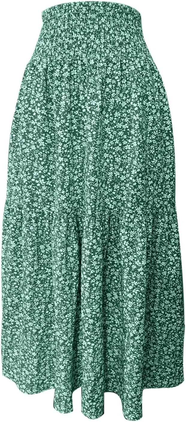 Boho Floral Maxi Skirt for Women 2025 Summer Elastic High Waist A Line Long Skirts Flowy Tiered Skirt with Pockets