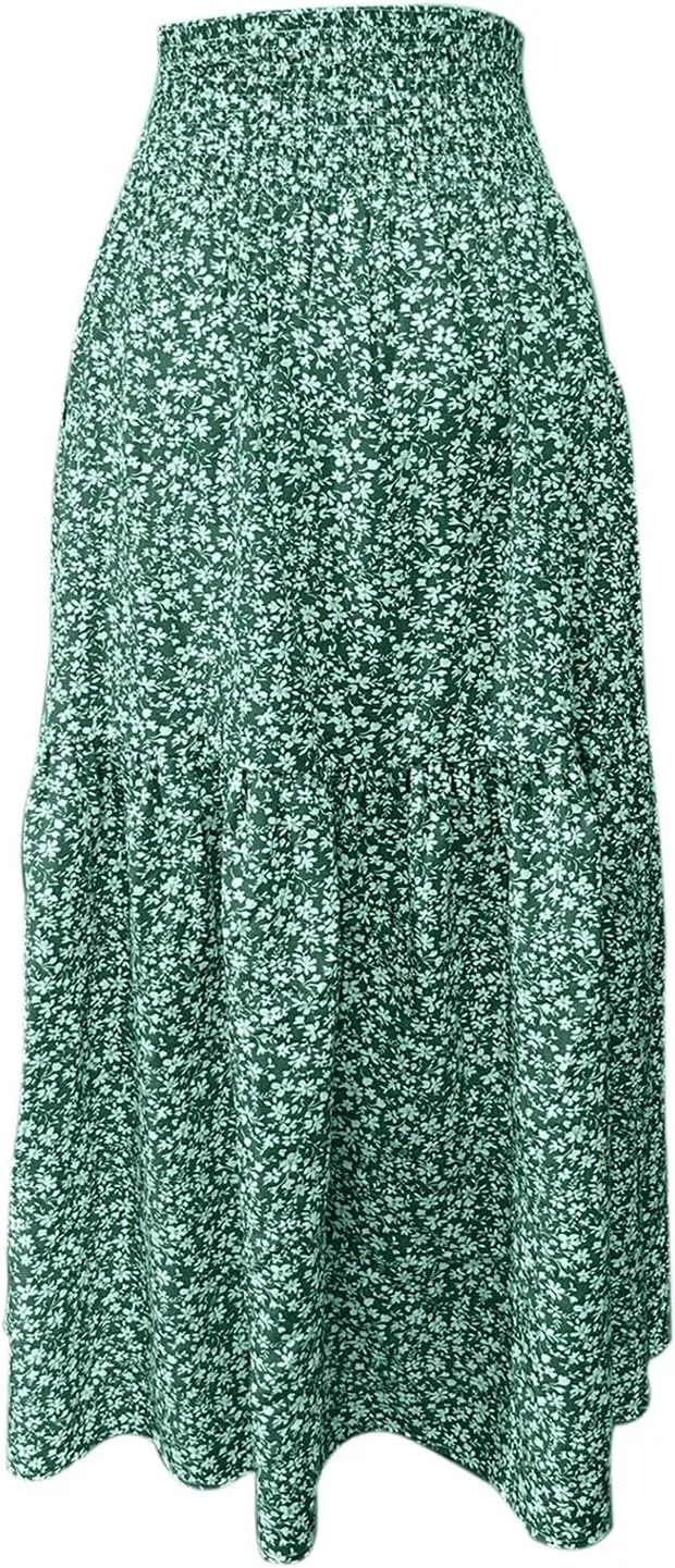 Boho Floral Maxi Skirt for Women 2025 Summer Elastic High Waist A Line Long Skirts Flowy Tiered Skirt with Pockets
