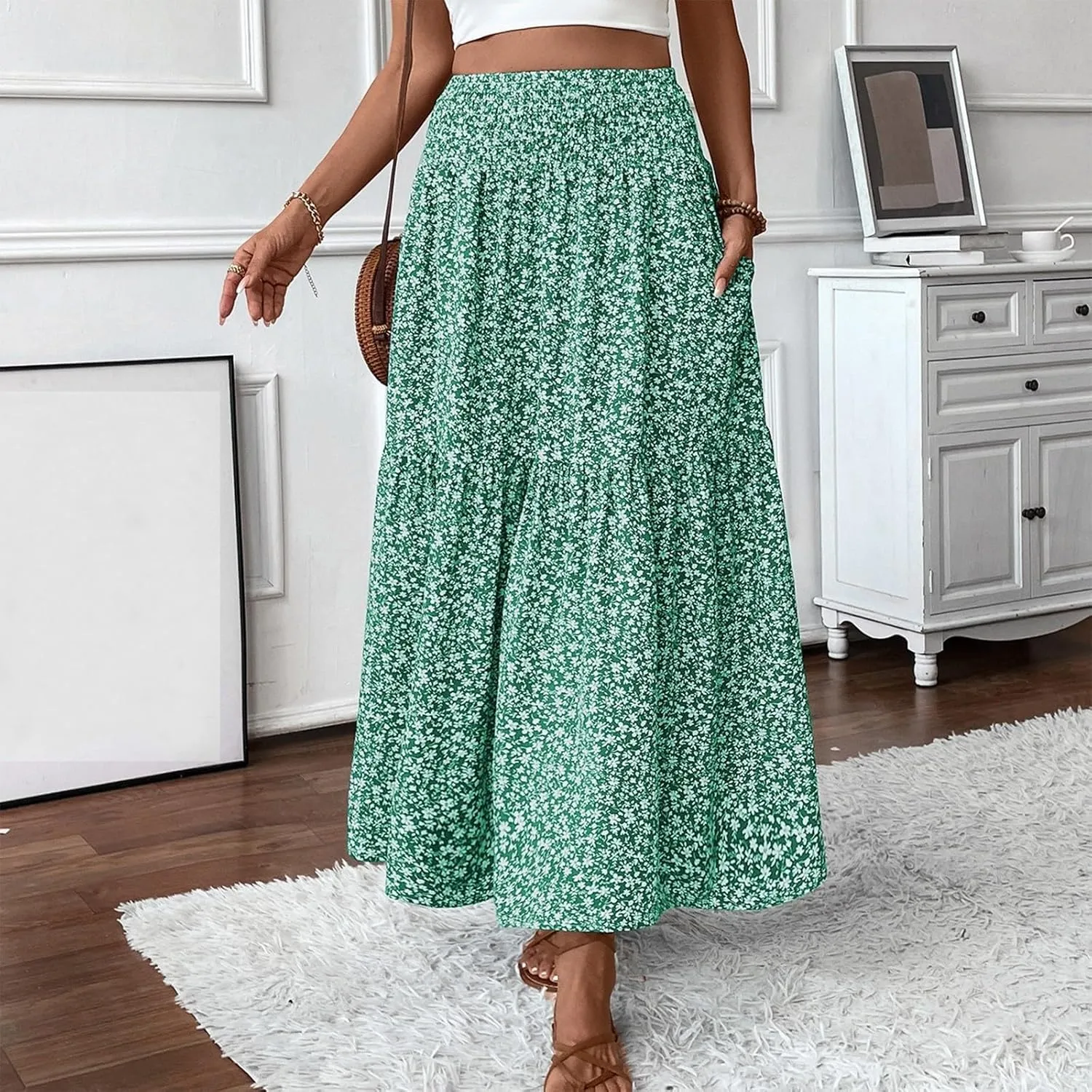 Boho Floral Maxi Skirt for Women 2025 Summer Elastic High Waist A Line Long Skirts Flowy Tiered Skirt with Pockets