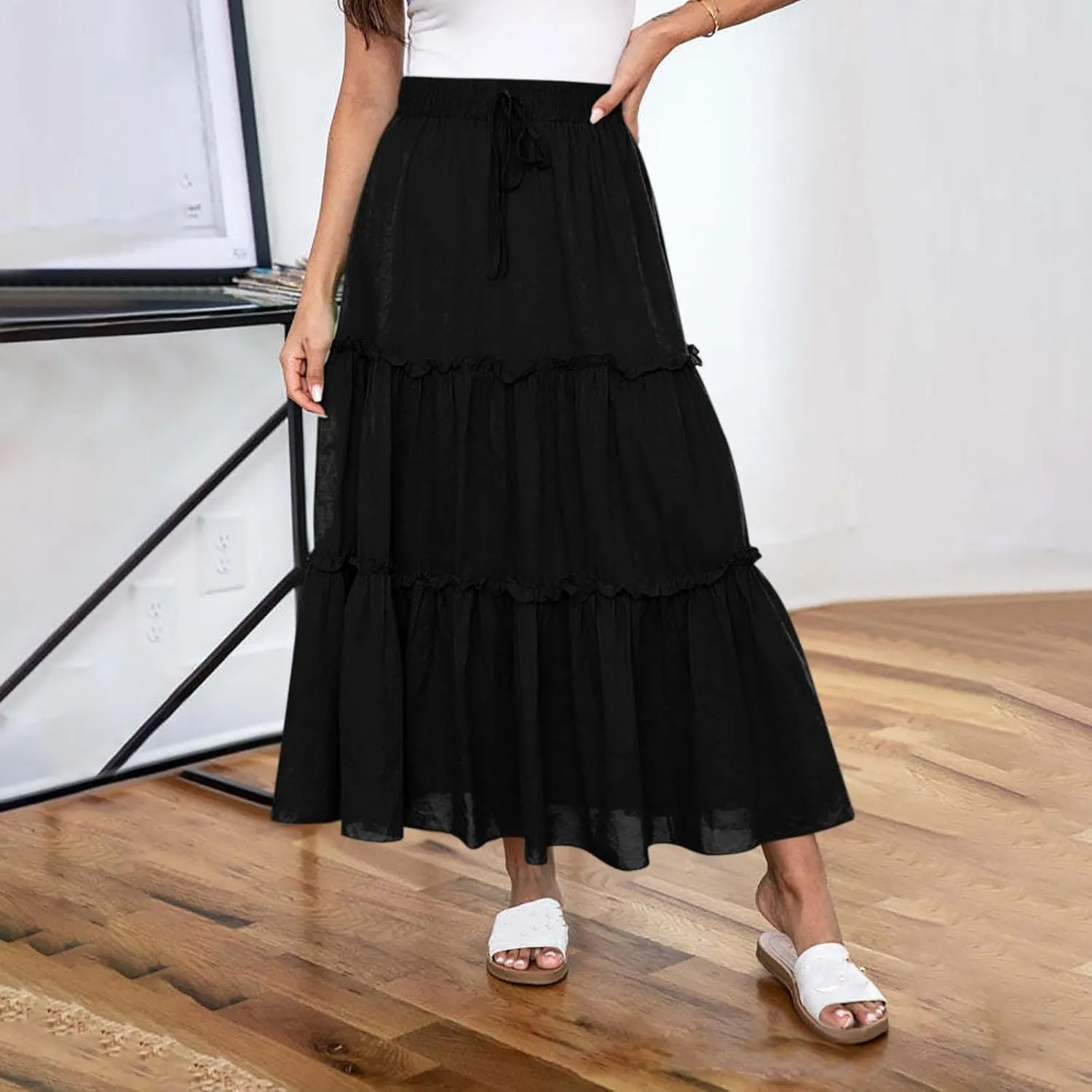 Borniu Women's Summer Boho Drawstring Solid Maxi Skirt A-Line Flowy Ruffle Tiered Elastic High Waist Beach Long Skirts
