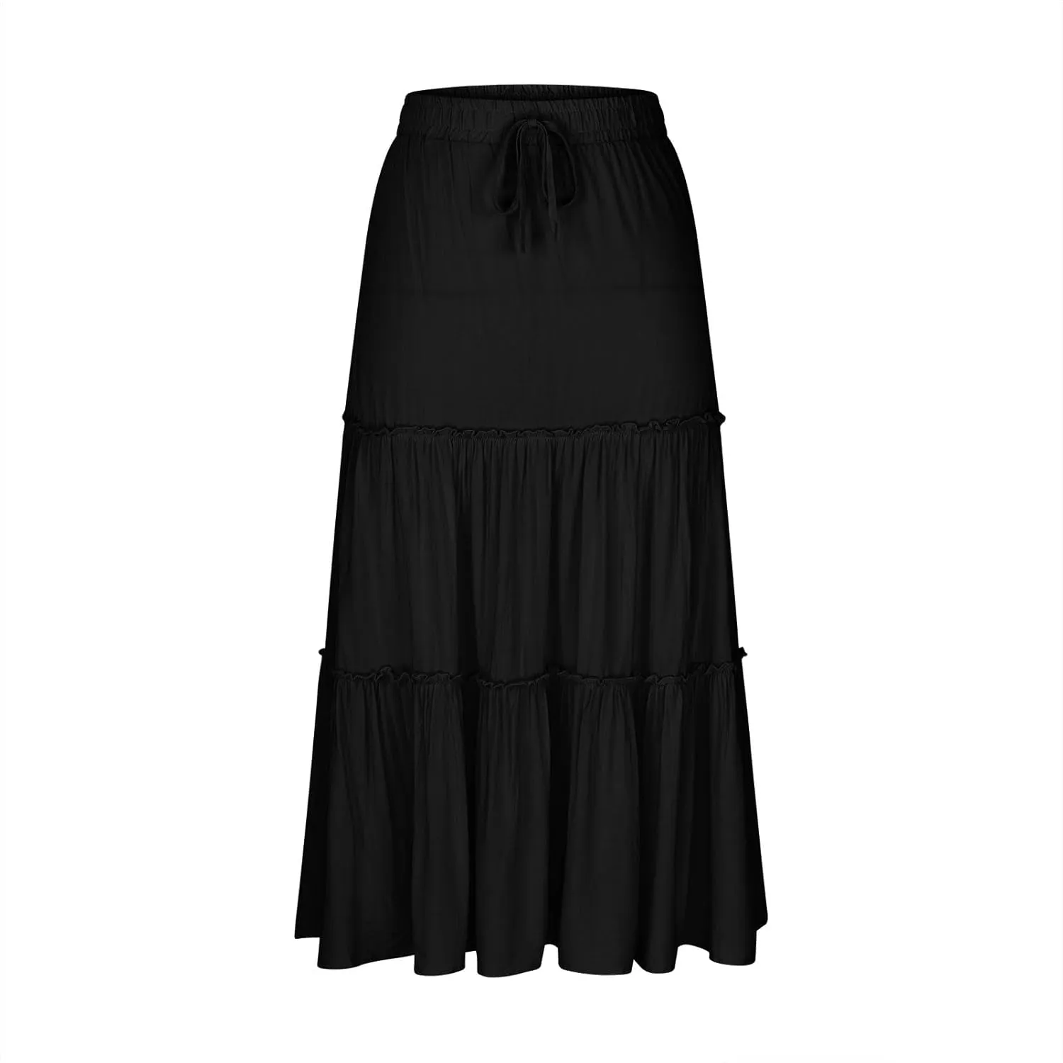 Borniu Women's Summer Boho Drawstring Solid Maxi Skirt A-Line Flowy Ruffle Tiered Elastic High Waist Beach Long Skirts