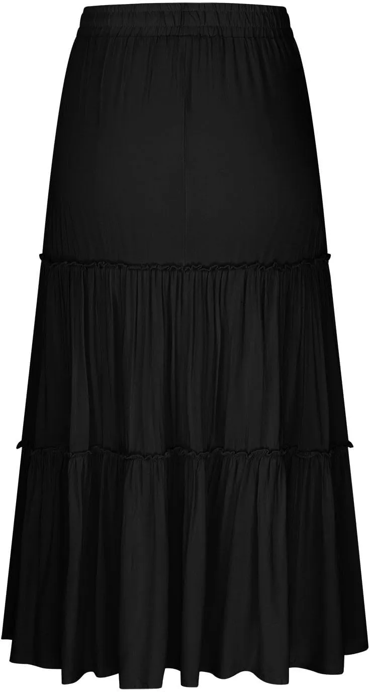 Borniu Women's Summer Boho Drawstring Solid Maxi Skirt A-Line Flowy Ruffle Tiered Elastic High Waist Beach Long Skirts