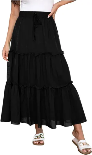 Borniu Women's Summer Boho Drawstring Solid Maxi Skirt A-Line Flowy Ruffle Tiered Elastic High Waist Beach Long Skirts