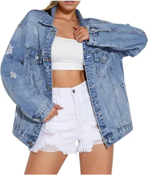 Boyfriend Denim Jacket for Women Oversized Jean Coat Casual Loose Long Sleeve Jean Jackets Distressed Outerwear
