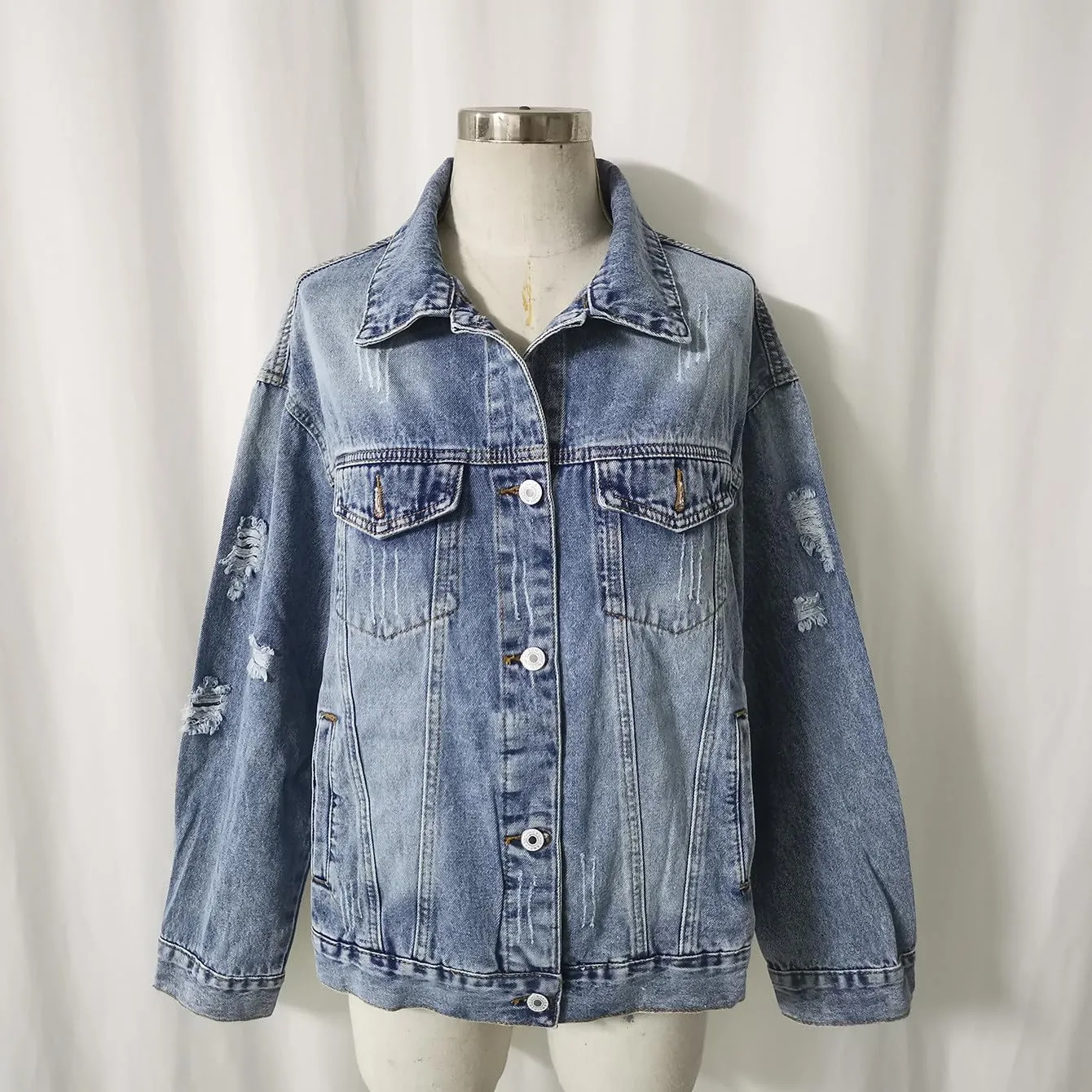 Boyfriend Denim Jacket for Women Oversized Jean Coat Casual Loose Long Sleeve Jean Jackets Distressed Outerwear