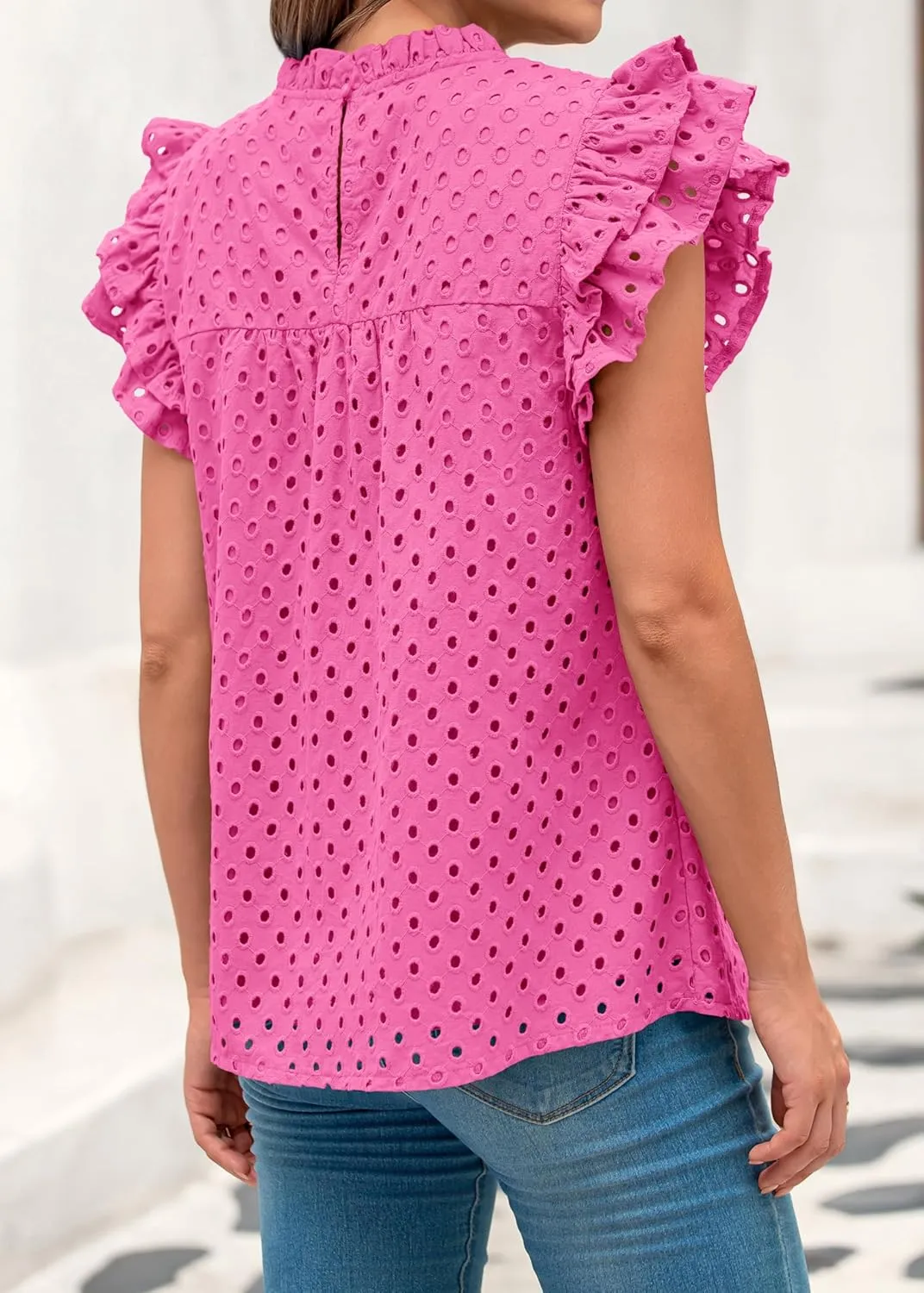 BTFBM Casual Summer Tops for Women 2025 Short Ruffle Sleeves Shirts Crew Neck Hollow Out Lace Embroidered Blouses