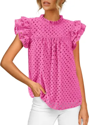BTFBM Casual Summer Tops for Women 2025 Short Ruffle Sleeves Shirts Crew Neck Hollow Out Lace Embroidered Blouses