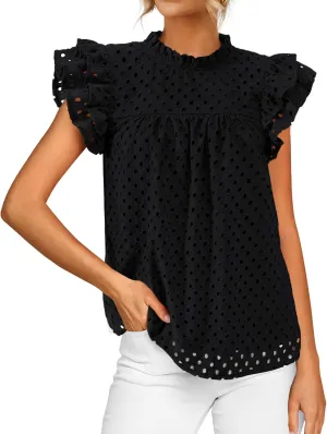 BTFBM Casual Summer Tops for Women 2025 Short Ruffle Sleeves Shirts Crew Neck Hollow Out Lace Embroidered Blouses