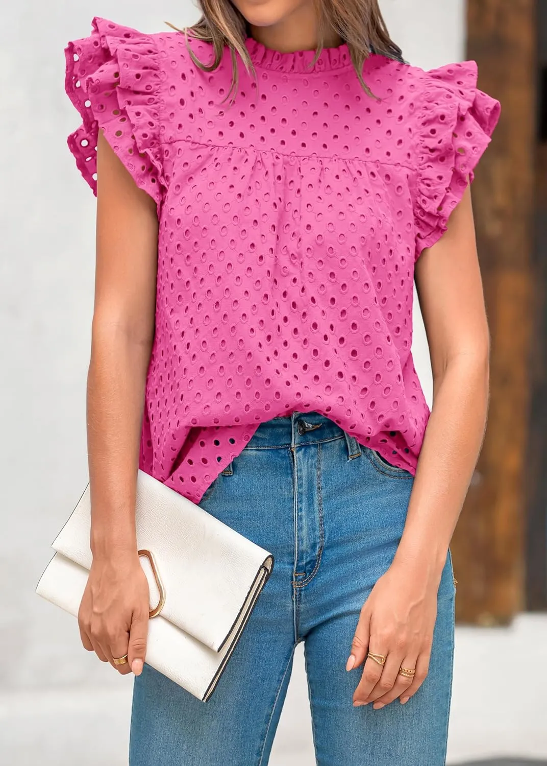 BTFBM Casual Summer Tops for Women 2025 Short Ruffle Sleeves Shirts Crew Neck Hollow Out Lace Embroidered Blouses