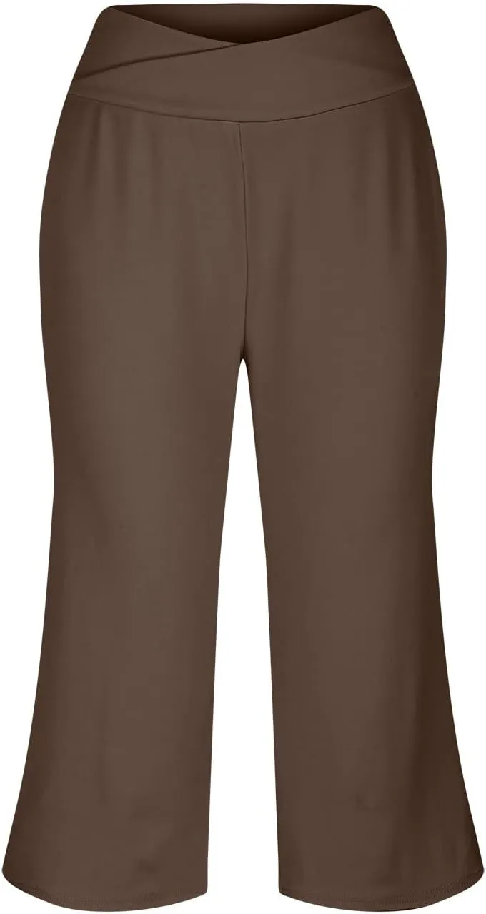 Capri Pants for Women Crossover High Waist Wide Leg Yoga Dress Capris Summer Casual Plus Size Crop Pants with Pockets