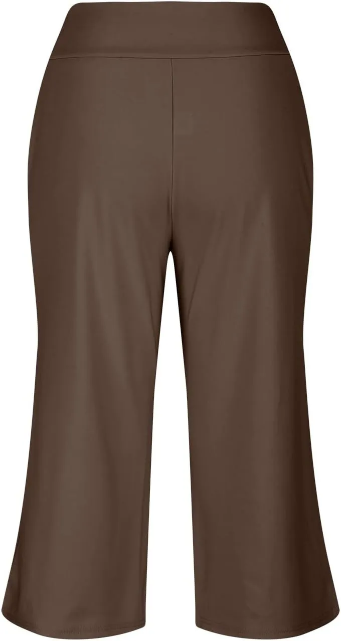 Capri Pants for Women Crossover High Waist Wide Leg Yoga Dress Capris Summer Casual Plus Size Crop Pants with Pockets