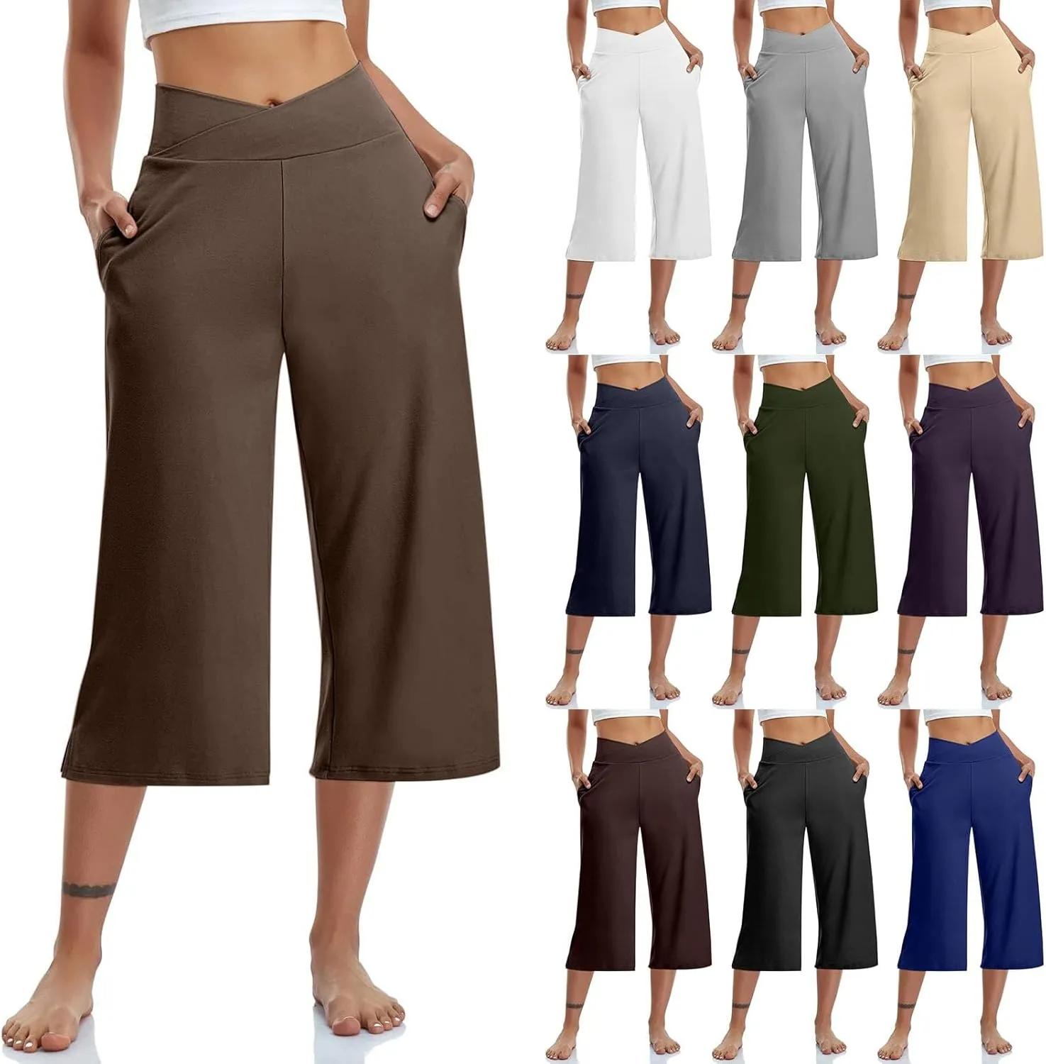 Capri Pants for Women Crossover High Waist Wide Leg Yoga Dress Capris Summer Casual Plus Size Crop Pants with Pockets