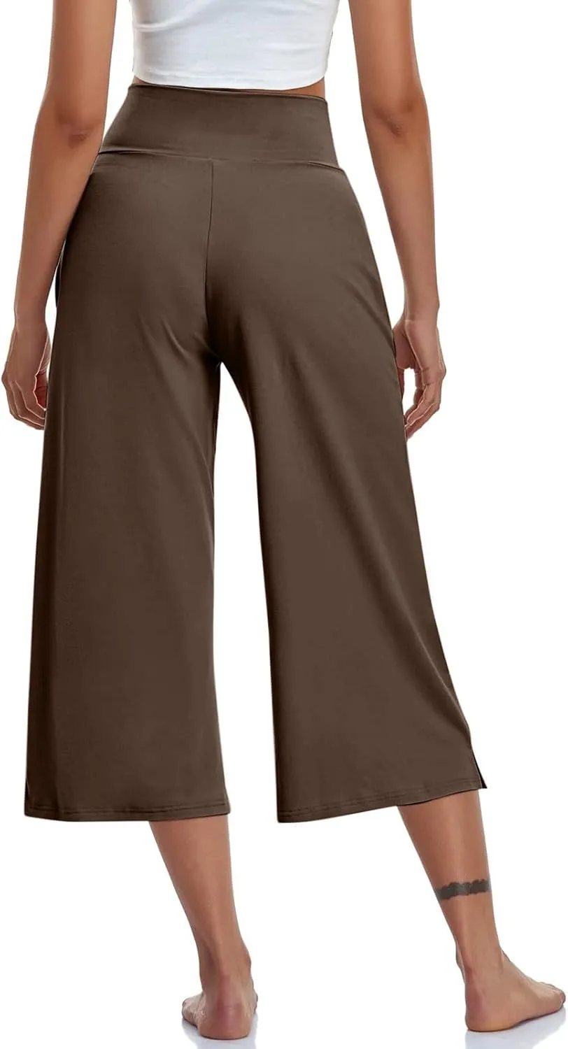 Capri Pants for Women Crossover High Waist Wide Leg Yoga Dress Capris Summer Casual Plus Size Crop Pants with Pockets