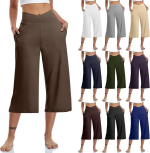 Capri Pants for Women Crossover High Waist Wide Leg Yoga Dress Capris Summer Casual Plus Size Crop Pants with Pockets