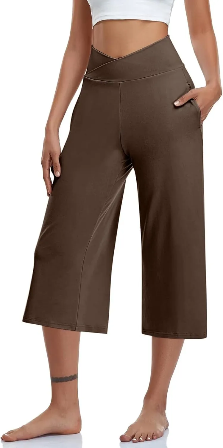 Capri Pants for Women Crossover High Waist Wide Leg Yoga Dress Capris Summer Casual Plus Size Crop Pants with Pockets