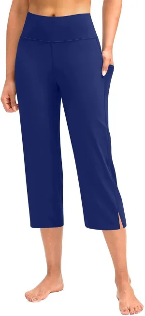 Capri Pants for Women Dressy Casual Stretch Wide Leg Yoga Dress Capris Summer Loose Split Work Crop Pant with Pocket