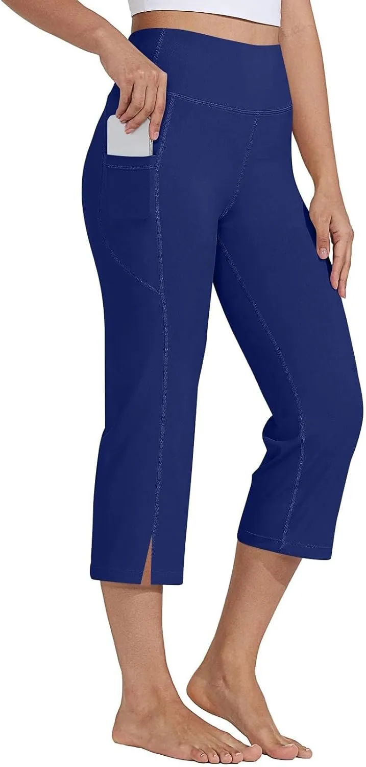 Capri Pants for Women Dressy Casual Stretch Wide Leg Yoga Dress Capris Summer Loose Split Work Crop Pant with Pocket
