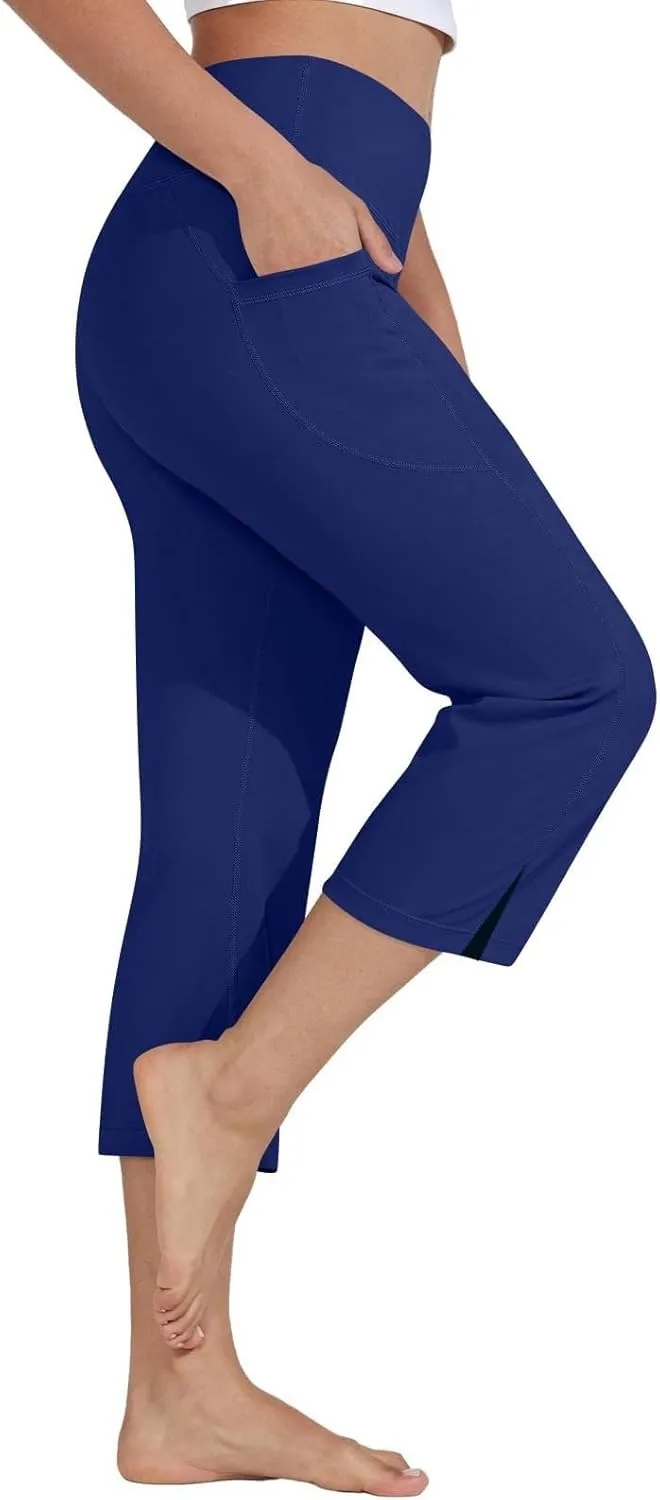 Capri Pants for Women Dressy Casual Stretch Wide Leg Yoga Dress Capris Summer Loose Split Work Crop Pant with Pocket