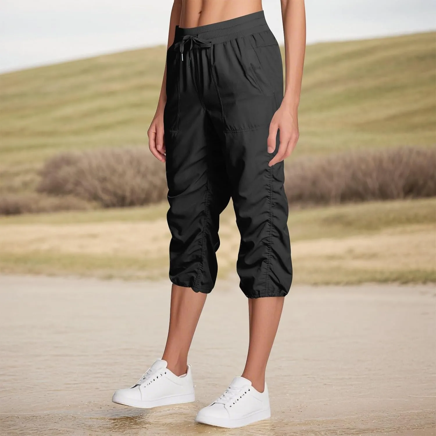 Capri Pants for Women Lightweight Quick-Dry Capris Outdoor Drawstring Hiking Pants with Pockets Soft Cargo Capris