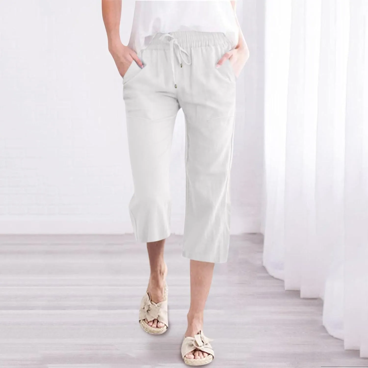 Capris Pants for Women Cotton Linen Casual Summer Straight Wide Leg Loose Drawstring Elastic Waist Cropped Trouser
