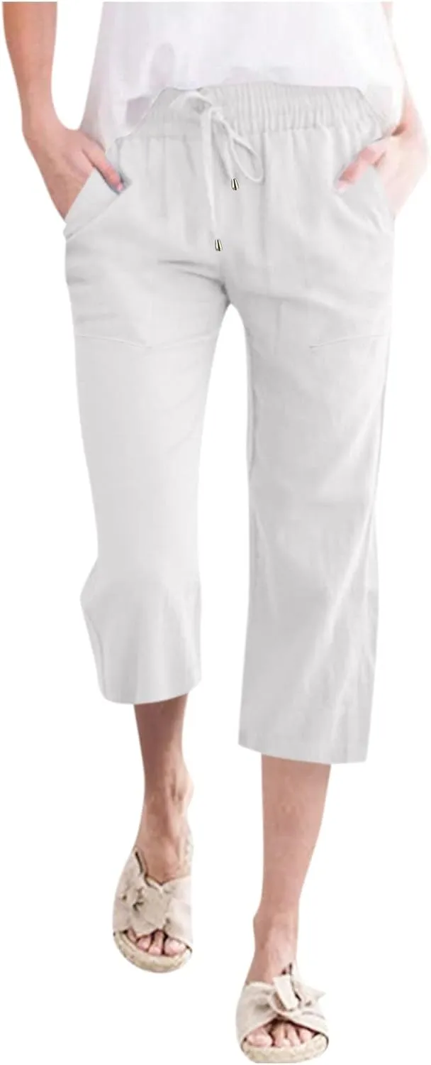 Capris Pants for Women Cotton Linen Casual Summer Straight Wide Leg Loose Drawstring Elastic Waist Cropped Trouser