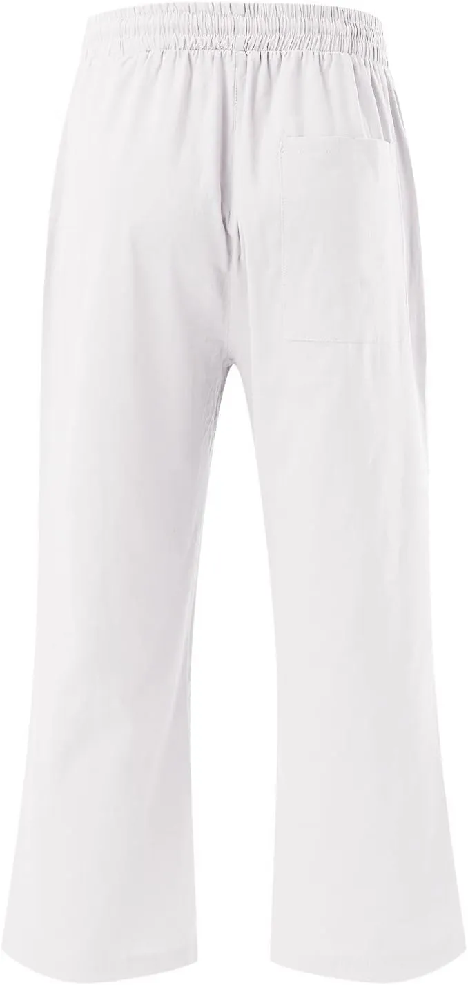 Capris Pants for Women Cotton Linen Casual Summer Straight Wide Leg Loose Drawstring Elastic Waist Cropped Trouser