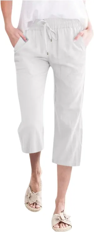 Capris Pants for Women Cotton Linen Casual Summer Straight Wide Leg Loose Drawstring Elastic Waist Cropped Trouser