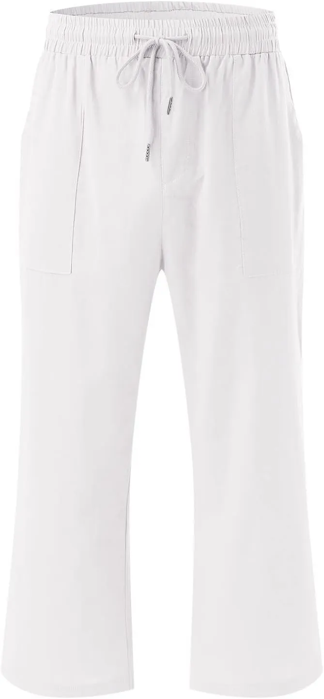 Capris Pants for Women Cotton Linen Casual Summer Straight Wide Leg Loose Drawstring Elastic Waist Cropped Trouser